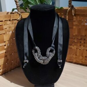 287◼️BLACK RIBBON WITH SILVER CHAIN NECKLACE